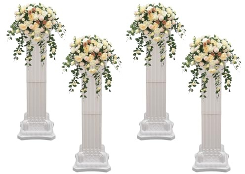 BRICZUNA Wedding Roman Columns 4Pcs Plastic Roman Pillars white Greek Pedestal Stands for Display Wedding Pedestal Pillars Hollow Column Flower Stand Plant Holder for Party Event Decor (4Pcs 11x35in)