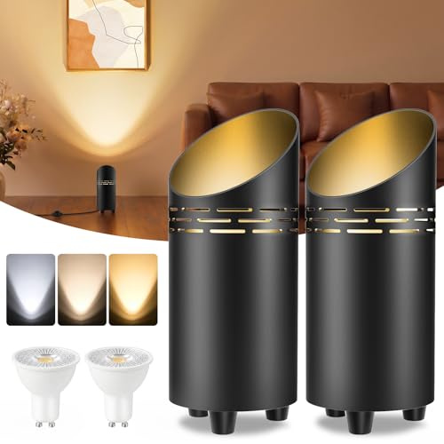 T-SUN LED Uplight Spot, 6W Lámpara de Suelo con Interruptor de Pie & GU10 Lámpara LED Lámpara de Pie con 1,8m Cable, Luz Cálida/Natural/Blanca Fría, Foco para Interiores Plantas Murales(2 Pcs, Negro)