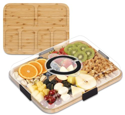 Gugxiom Charcuterie Boards with Clear Lid and Handle, Portable Bamboo Cheese Board, 6 Compartments Serving Tray for Meat, Snack, Food, for Picnic, Party, House Warming Gifts