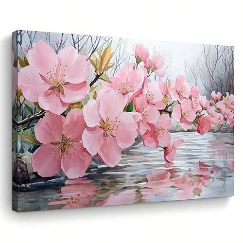 AIHNBF Tableau Cerisier Japonais Peinture Fleurs Sakura sur Reflets d'Eau Paysage de Printemps Impressionniste Toile pour Salon Chambre Décoration Murale Nature Sereine 40 x 60 cm
