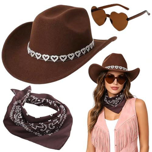 FCXVXCL Cowboyhut Zubehör Set 3Stück Western Cowboy Outfits Cowboyhut Unisex Set Cowgirl Accessoires mit Sonnenbrille und Kopftuch für Karneval Maskeraden Mottoparty Halloween