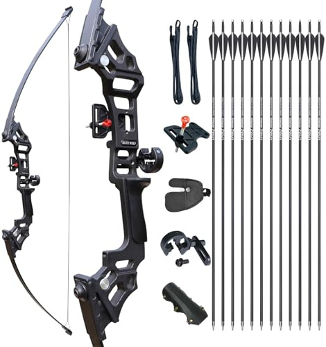 Recurvebogen Pfeil und Bogen Erwachsene Set 30lb 40lb Sportbogen Anfänger Rechtshänder Bogenschießen Jagd Langbogen mit 12 Pfeil (Dunkles Schwarz, Rechte Hand, 40, Pfund)