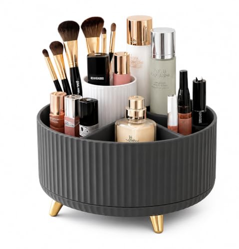 MakeNup 360° Rotating Makeup Organiser, Makeup Brush Holder with 5 Compartments, Makeup Brush Storage for Vanity Desk, Skincare Organiser, Cosmetic Storage for Bathroom, Bedroom & Office, Sage Green