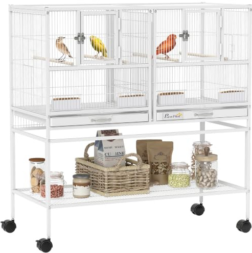 PawHut Jaula para Pájaros Grande con Divisor Estante 95x45,5x102 cm Blanco