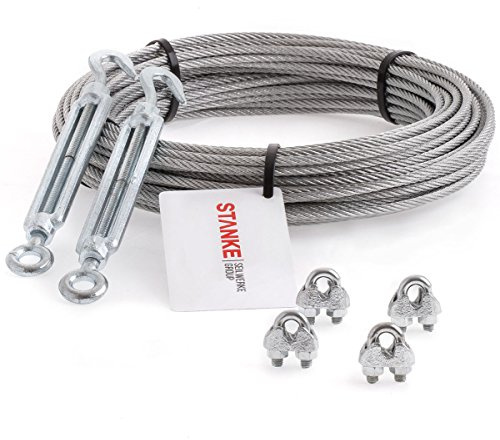 Seilwerk STANKE Cuerda de acero galvanizado 10m, Cuerda de acero con diámetro 4mm 6x7, 2x tensor gancho-ojo M6, 4x abrazadera - SET 4