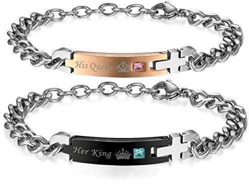 JewelryWe Schmuck Herren Damen Partner Armband, Lieben Freundschaftsarmband, Her King & His Queen, Edelstahl Strass, Schwarz Rosegold Silber, kostenlos Gravur