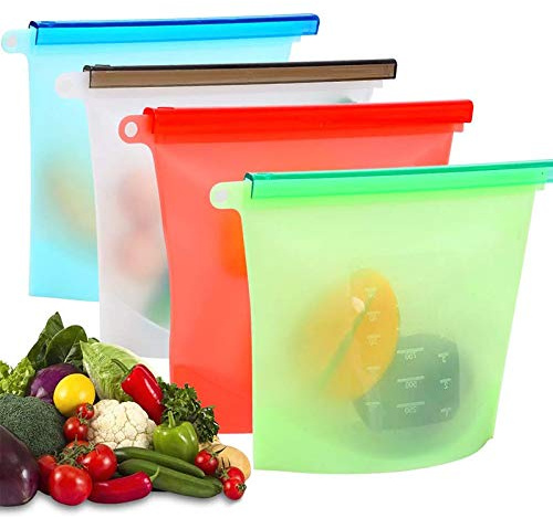 Lebensmittel Beutel Wiederverwendbarer, Silikonbeutel zur Aufbewahrung von Lebensmitteln Luftdicht versiegelte Beutel für Sandwiches, Gemüse, Snacks und Fleisch, 4er Pack