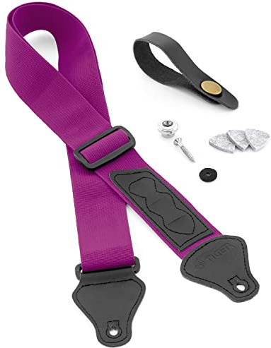 TIGER Ukulele Accessory Pack - Purple: Strap, Headstock Tie, Strap Button/End Pin & Felt Picks for Soprano, Concert, Tenor & Baritone Ukes