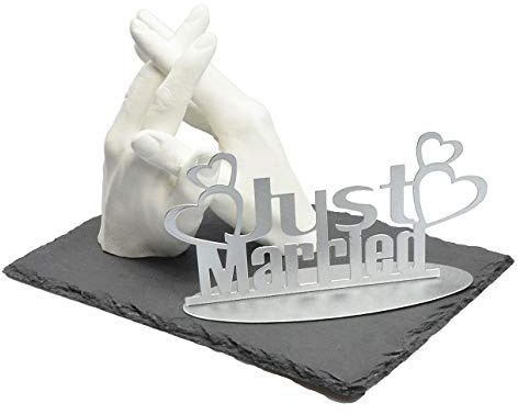 Lucky Hands Family & Wedding Abformset Duo | 3D Handabdruck Set DIY für 2 Erwachsenenhände | Gipsabdruck für Hochzeit (inkl. Schiefersockel 20 x 30 cm | Metallaufsteller)