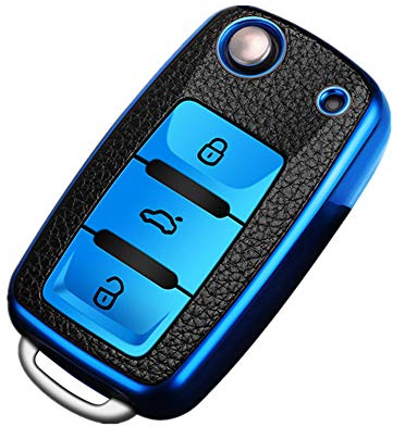 Happyit Autoschlüssel-Hülle aus TPU und Leder, passend für Volkswagen VW Bora Beetle Tiguan Polo Passat B5 B6 MK5 6 Jetta Eos Seat Sagitar Golf 6 3 Tasten (blau)