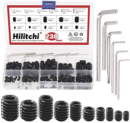 Hilitchi 230-teiliges Steckschlüssel-Set, Schrauben-Sortiment in SAE-Größen, Innensechskant-Antrieb, Innensechskantantrieb, Innensechskant-Gewindestift, Klasse schwarz, Stahllegierung (10 Größen)