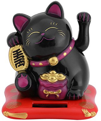 Solar Lucky Cat, Waving Maneki Car Charm, Black, Feng Shui Decor | Solar Power, mini neko figurine, beckoning fortune, wealth waving arm, for dashboard, stores, home decor