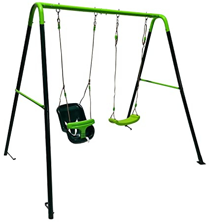 | MASGAMES | Columpio metálico | Anclajes para Suelo de Arena o césped incluidos | Uso doméstico | (Olea Asientos Planos + Asiento bebé Extra)