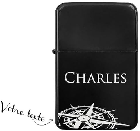 KDO MAGIC - Feuerzeug personalisiert - Eingravierter Vorname - Farbe Schwarz - Geschenkidee für Herren, Geburtstag, Vatertag (Motiv: Kompass)