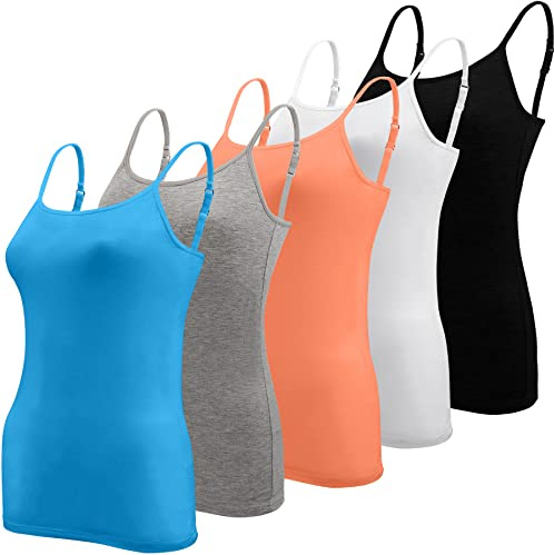 BQTQ 5 stycken spagettitopp damer undertröja spagettiremmar linne med justerbar rem basic Cami linne topp för kvinnor och flickor, Svart, vit, grå, turkos, lax, L
