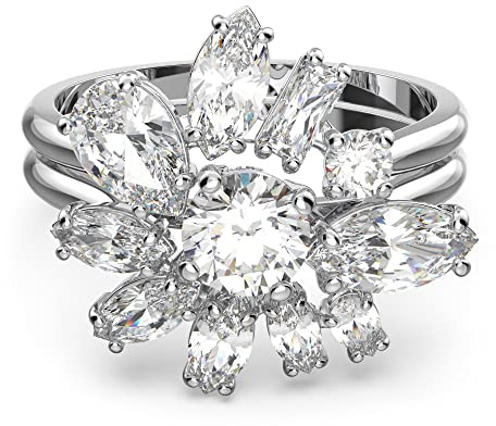Swarovski Gema Cocktailring, Weißer, Rhodinierter Damenring mit Zartem Blumenmotiv und Edlen Swarovski Kristallen