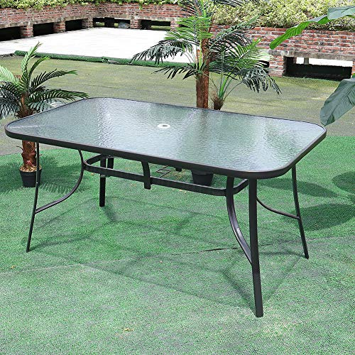DKIEI 120x80cm Rectangle Garden Dining Table Tempered Glass Top Parasol Hole Steel Frame Outdoor Patio Balcony Black