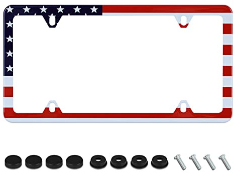 Classic American Flag License Plate Frame USA Flag License Plate Holder Stainless Steel Auto Parts Decoration with Screws for Men Women License Plate 4 Holes 1pcs