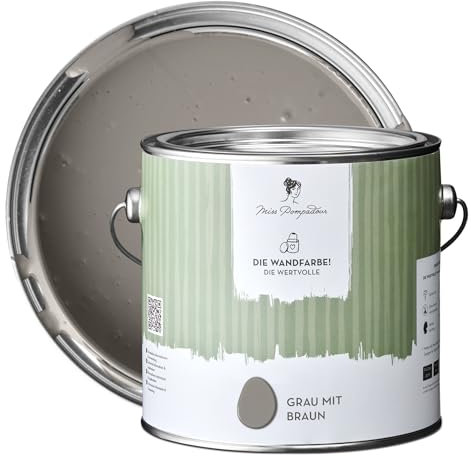 MissPompadour edelmatte Wandfarbe Grau mit Braun 2,5L - sehr hohe Deckkraft - geruchsneutrale, spritzfreie Farbe - atmungsaktive, wasserbasierte Innenfarbe/Deckenfarbe - Die Wertvolle