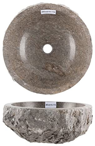 wohnfreuden Lavabo de mármol gris ovalado, 40 cm, piedra única, interior pulido exterior martillado para el cuarto de baño, piedra natural