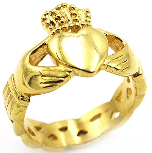 Banemi Gold Ring Herren, Vintage Ringe Breit Titan Edelstahl Goldener Claddagh Ring mit Krone Und Herz Geschenk Ringe für Männer Größe 62 (19.7)