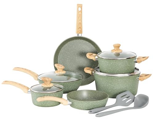 Kitchen Academy 12 Pieces Nonstick Pots and Pans Set, Induction Cooking Pan Set, Non Stick Saucepan Set, Frying Pan Set (Green)