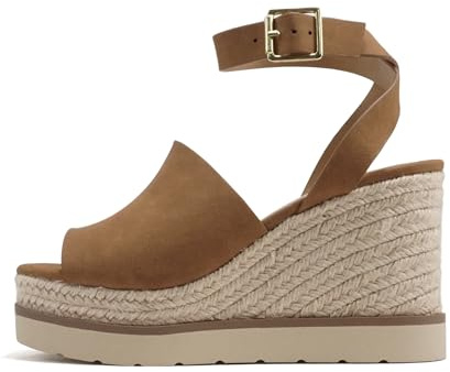 Soda “Stella” ~ Women Square Peep Toe Single Band Platform Espadrille Wedge Sandals with Adjustable Ankle Strap (Dark Tan Nubuck, US Footwear Size System, Adult, Women, Numeric, Medium, 9)