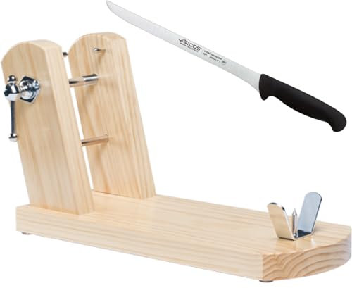 KROWN - Soporte Jamón Rioja + Cuchillo Jamonero de Arcos, Fabricado en ESPAÑA con Madera de Pino (Jamonero Natural + Cuchillo)
