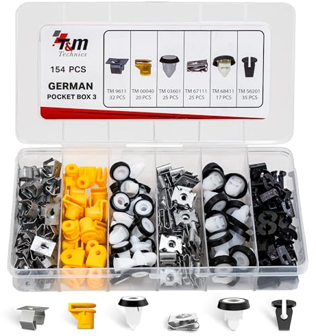 T&M TECHNICS® Kit Completo di Elementi di Fissaggio in Plastica per Auto - Set di 154 Rivetti per Auto Tedeschi, Graffe e Gancetti di Fissaggio - Carrozzeria e Rifiniture Auto - German Pocket Box 3