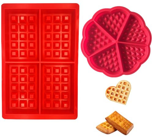 Qinsky Moule à Gaufres,Silicone Gaufrier 2 Paquet Antiadhésive Moule à Biscuit Set pour Enfants Muffins Gâteau Choclate Cuisine Outils Rectangulaire et Coeur Forme Rouge