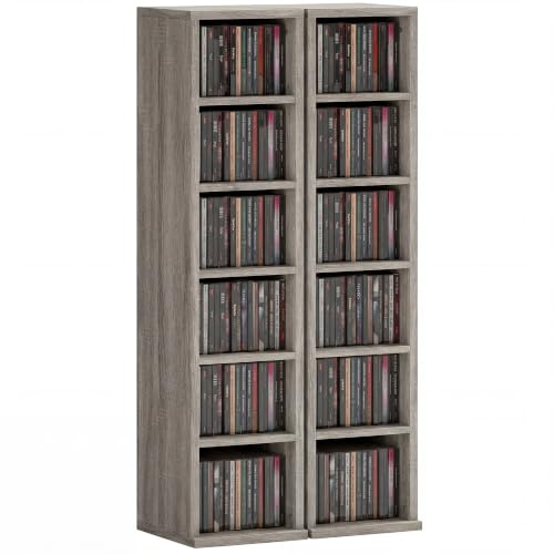 HOMCOM 204 CD Storage Units Set of 2 DVD Tower Rack Distressed Grey | Blu-Ray, Bookcase Storage Organiser, Adjustable Shelves