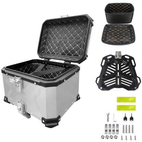NUACOS Topcase für Roller Topcase Motorrad, Aluminium Motorradkoffer & Gepäck, Alu Reisekoffer mit Sicherheitsschlos, wasserdichte Motorrad Top Box für Store Helm Großes Gepäck (Silver,65L)