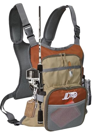 JLDTOP Fliegenfisch-Brusttasche, leichter Angelrucksack, Angelausrüstung, passt bis zu Fliegenboxen, Angelzubehör für Herren (Orange + Grau)