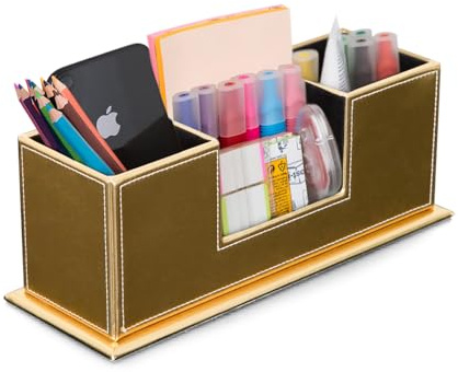 AINAK Schreibtischorganizer aus PU Leder (4 Fächer) – Stiftehalter, Schreibtischorganisator für Bürobedarf, Post-its, Notizzettel, Visitenkarten und mehr (Gold)