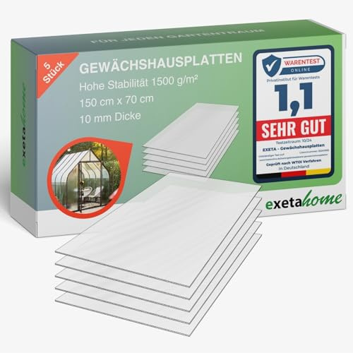 Exeta 5x Gewächshausplatten 10mm I Polycarbonat Hohlkammerplatten für Gewächshäuser I PC Doppelstegplatten UV-beständig & bruchsicher I für Garten, Frühbeet uvm I 70cm x 150cm I Transparent