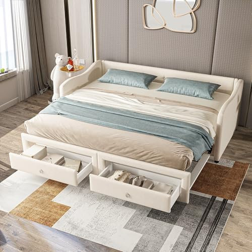 Wyibwy Tagesbett 90 x 200 cm, Schlafsofa mit ausziehbarem Bett, Einzelbett mit 2 Schubladen, aus Leinenstoff, Tagesbett mit Lattenrost, für Erwachsene und Kinder, ohne Matratze, beige