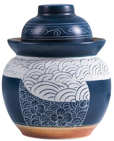 SaryEdge Ceramic Pickle Jar with Lids,Blue Large Traditional Chinese Porcelain Pickle Jar Pickling Jars,Ceramic Fermentation Crock with Water Seal Airlock Lid,Sauerkraut 5L(5L