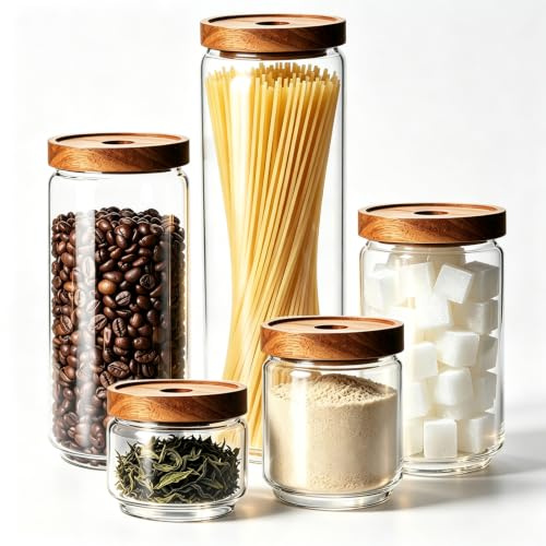 Glass Jars with Airtight Wood Lids - Set of 5 Small Large Kitchen Pantry Storage Containers, Decorative Canister for Pasta, Spaghetti, Noodles, Ground Coffee, Sugar, Cereal, Spice, Salt, Salad, Matcha