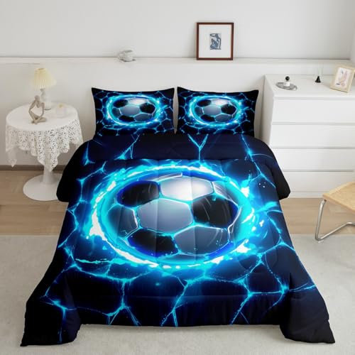 Loussiesd Juego de edredón de fútbol, juego de ropa de cama doble con diseño de juegos de fútbol para niños y niñas, diseño de rayas geométricas azules, juego de edredón con