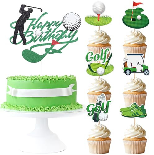 JoyAura Golf Cupcake Toppers Set - 25 Pcs Green and White Happy Birthday Cake Cupcakes Topper Decor Sets Dessert Decorations Sports Theme Party Supplies Favor for Sport Players Boys Men
