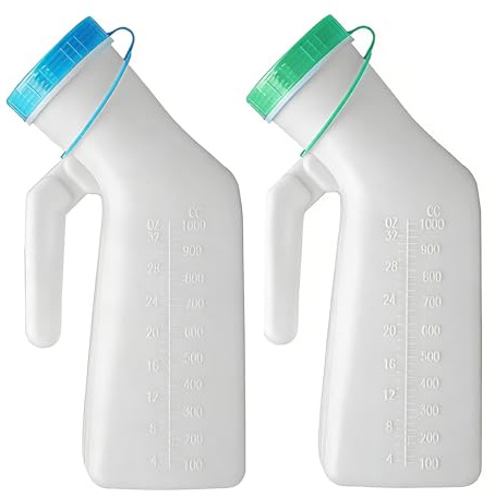 Paquete de 2 orinarios masculinos con tapa que brilla en la oscuridad, 1000 ml, a prueba de fugas y olores, a prueba de derrames, botella de orinal con mango de fácil agarre para automóvil, hospital