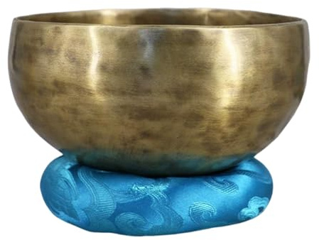 Tibetische Klangschale, Gong, Klangschale for Meditation, Yoga, Entspannung, mit Kissen, Trommel und Stock, Braun, 18cm