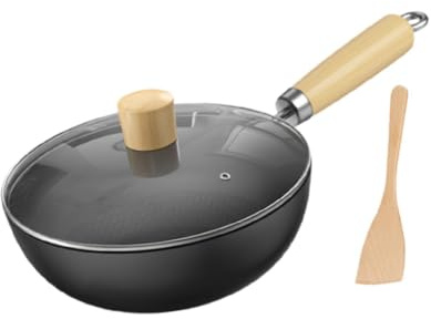 Sharplace Wok Pan Flat Botthy Piatto Multifunzionale Da 7 Pollici di Ferro Wok Senza Rivestire Pane Friggi per Cucina, con Coperchio