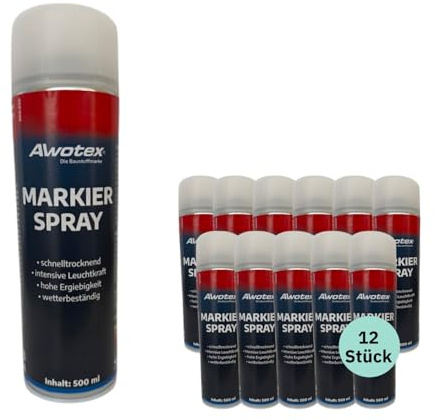 AWOTEX Markierspray neon-rot 500ml I 12 Stück Sprühfarbe mit hoher Deckkraft & ohne FCKW I Markierungsspray Baustelle schnell trocknend & wetterfest I Sprühfarbe zum Markieren für Wand- & Boden