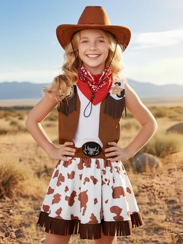 Nuehoryu Cowgirl Costume for Girls Brown Western Outfit for Kids Halloween Party Dress Up with Cowboy Hat and Bandanna (3-4 Years)