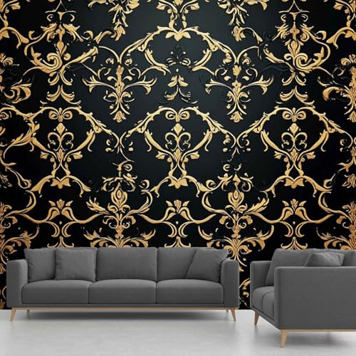 Papier Peint Baroque, Papier Peint Autocollant Damas Doré Noir, Papier Peint Panoramique Adhésif Intissé pour Salon Chambre Bureau 200x140 cm