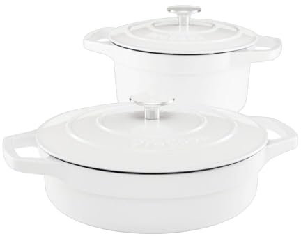 ProCook Cast Iron Dutch Oven Set - 2 Piece, 20cm/24cm, Casserole Dishes with Self Basting Lid - White, Durable Induction Compatible Cookware