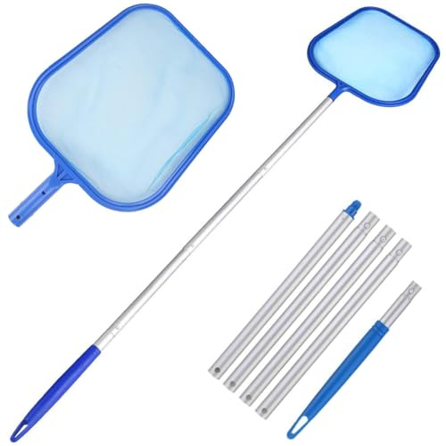 DOMIJOY Pool Kescher mit Teleskopstange (160cm) | Pool kescher feinmaschig-Netz für Zierteich/Whirlpool | 5-teiliger Verstellbarer Pole mit 30×30cm Fangnetz