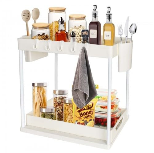 Organizzatore per Mobili da Cucina, Organizer Sottolavello Cucina a 2 Livelli, Portaoggetti Ripiano Multiuso Sotto Lavello, Scorrevole Scaffale Sottolavello Portaoggetti, per bagno cucina (Bianco)