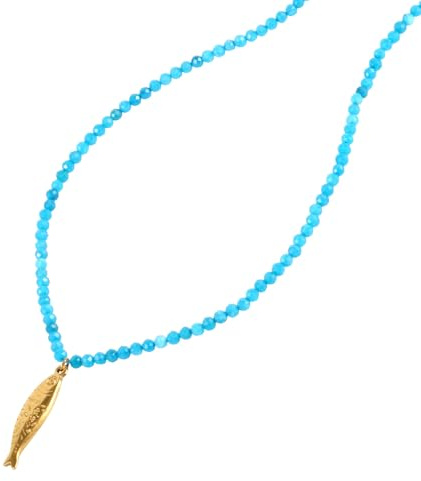 Mikovivi Boho Fisch Halskette für Damen, Blauer Naturstein Perlenkette mit Goldfisch Anhänger Verstellbar Sardine Bohemian Sommer Schmuck für Strandurlaub & Tägliches Tragen